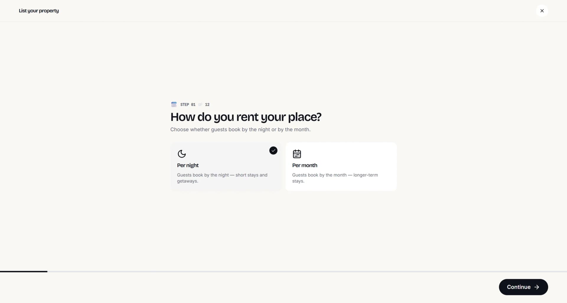 Listing wizard screen with Per night and Per month shown as two cards.
